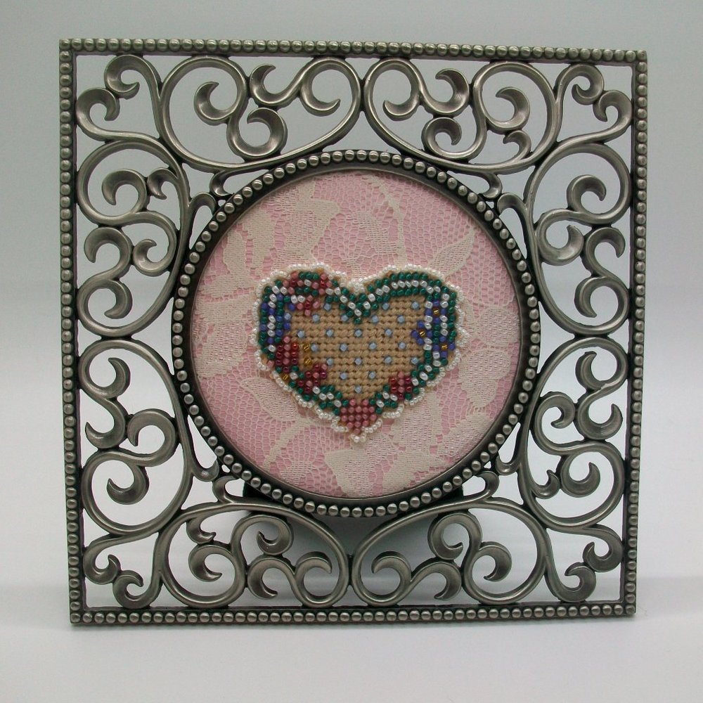 Handmade Framed Cross Stitch Beaded Heart on Vintage Lace